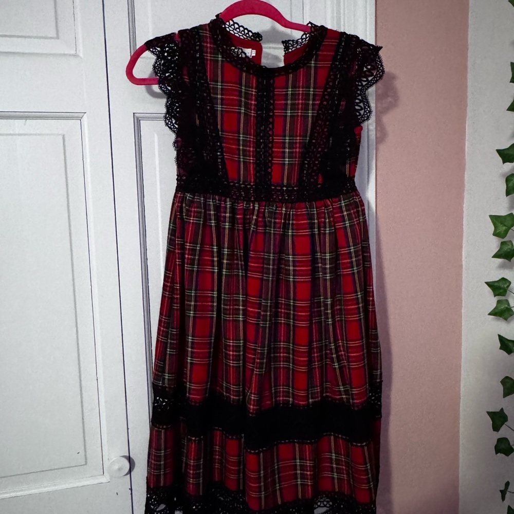 Elegant Red Plaid Kids Dress with Black Lace